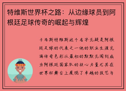 特维斯世界杯之路：从边缘球员到阿根廷足球传奇的崛起与辉煌
